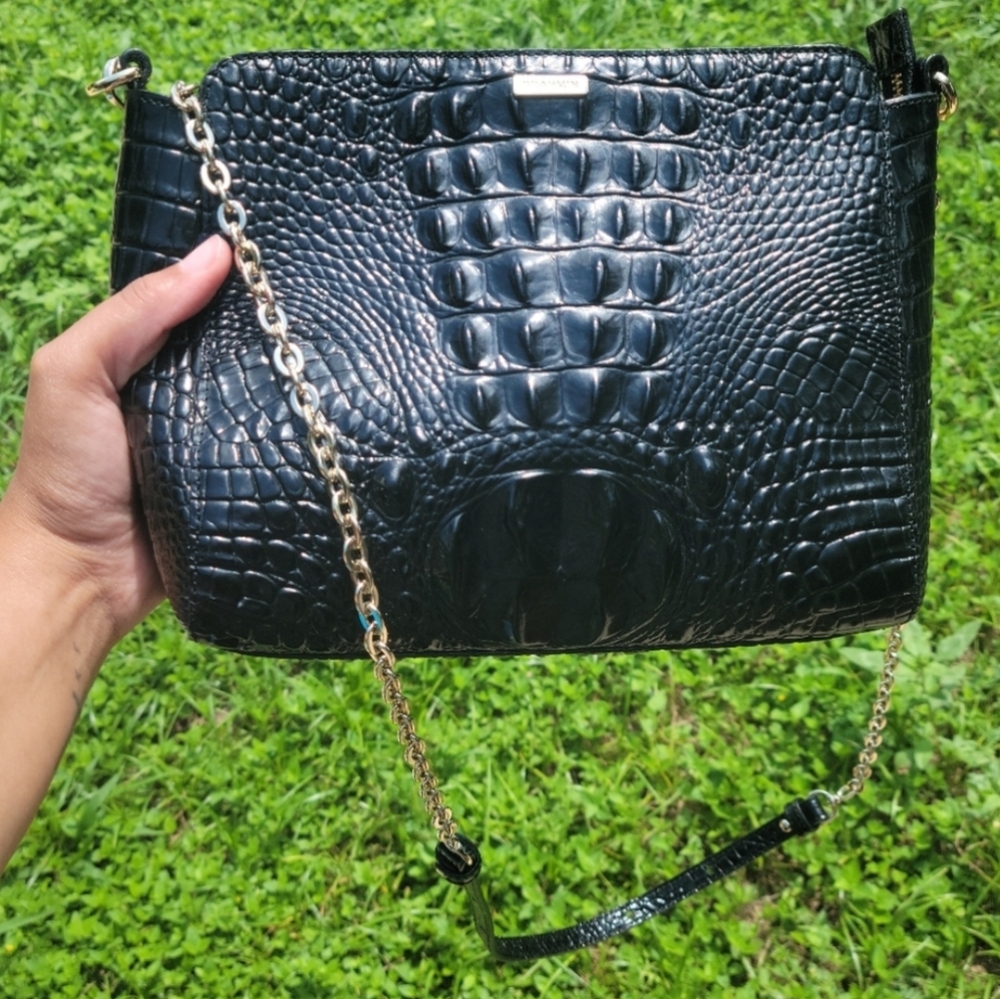 Elegant Brahmin Black Croc-Embossed Chain Shoulder Bag